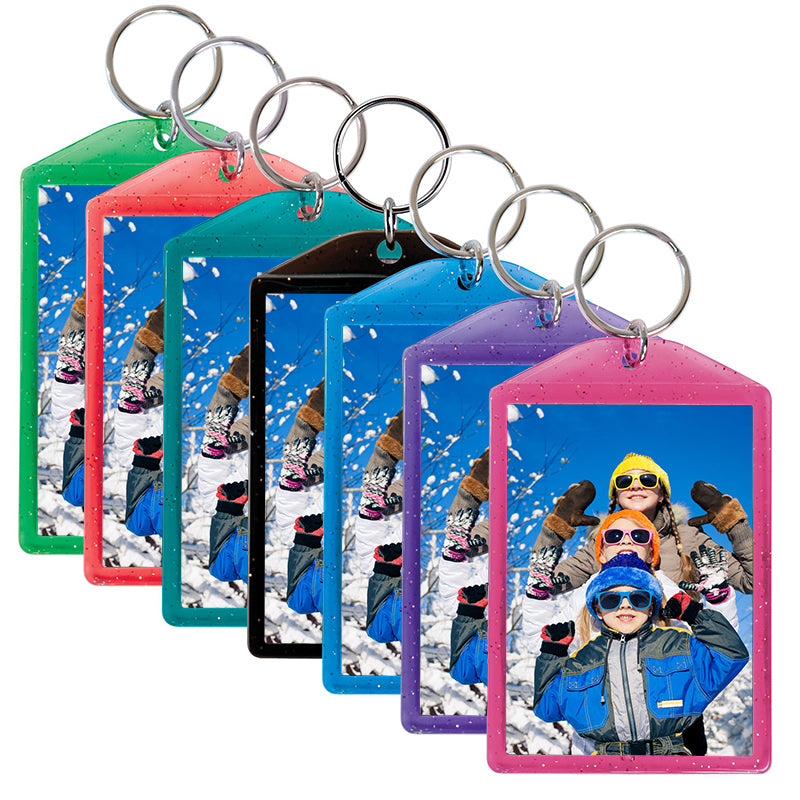 2 x 2-7/8 Translucent Sparkle Photo Keychains - Clear, Green, Red, Teal, Black, Blue, Purple, Hot Pink