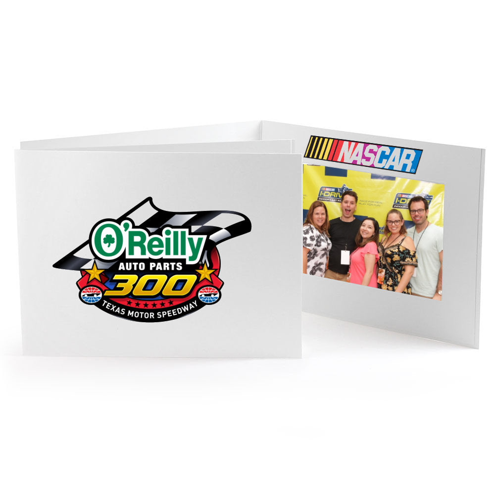 Inside or outside. 6x4 horizontal photo folders designed by you in color. Use your own graphics or or ours. 